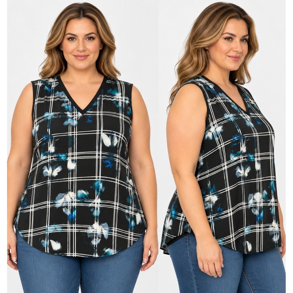 Worthington Woman Sleeveless V-Neck Blouse Black Blue Plaid Floral 2X NWT